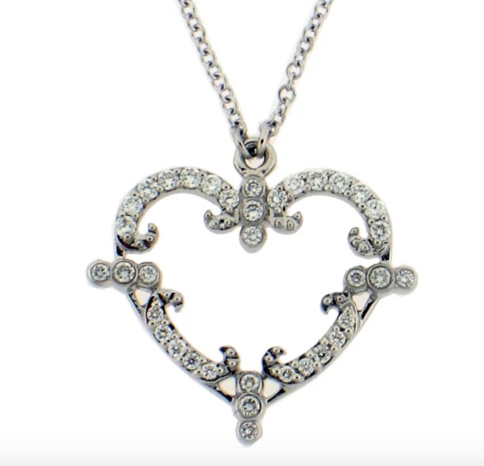 Baby Filigreen Heart necklace in 18k white gold with 0.14 ct. t.w. diamonds is $1,249 and is made by jewelry designer and tattoo artist Rhonda Faber Green.